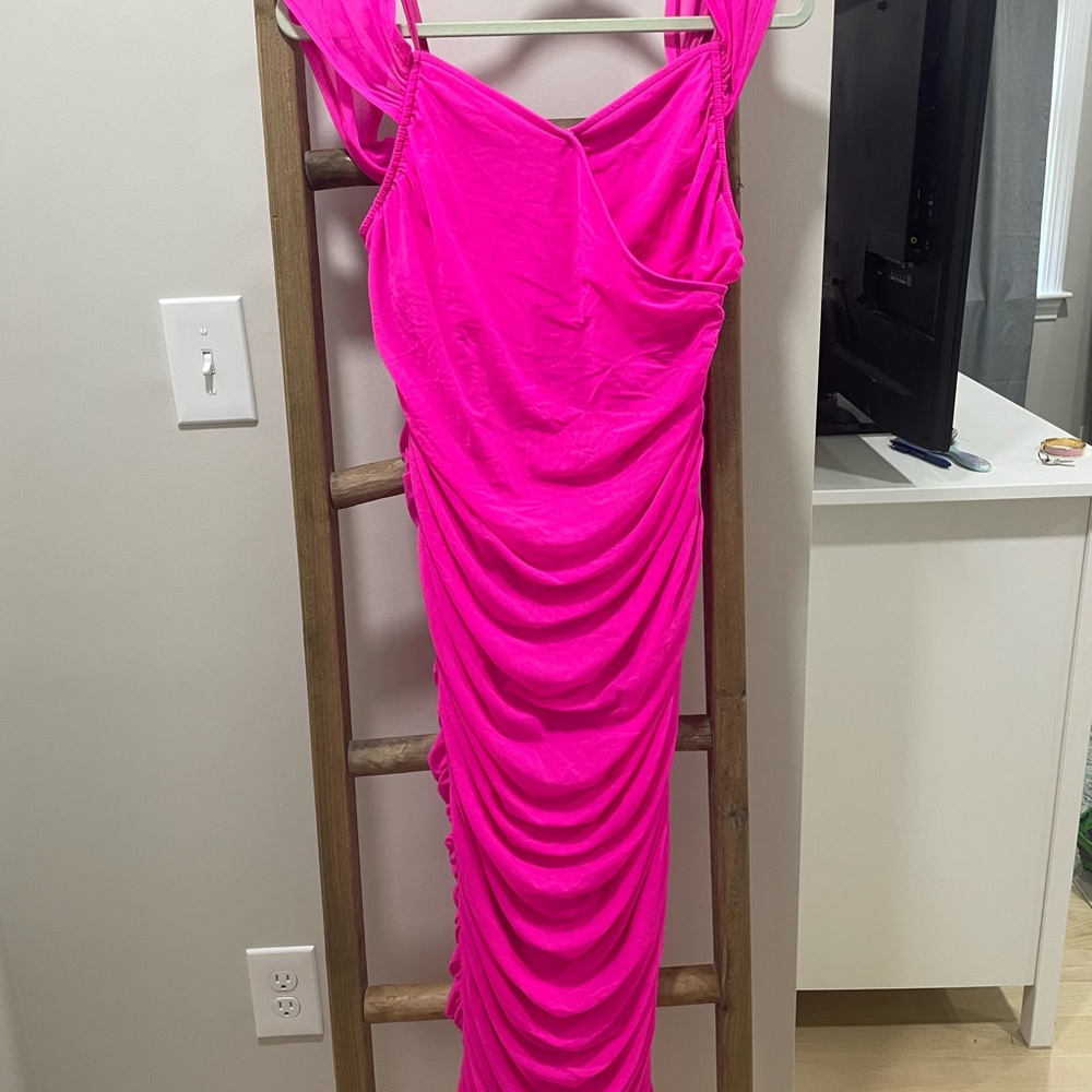 Vibrant Pink Ruched Midi Dress,